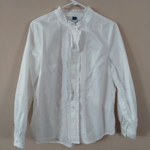Ruffle-Trimmed Pintucked Collarless Tuxedo Shirt for Women - Old Navy